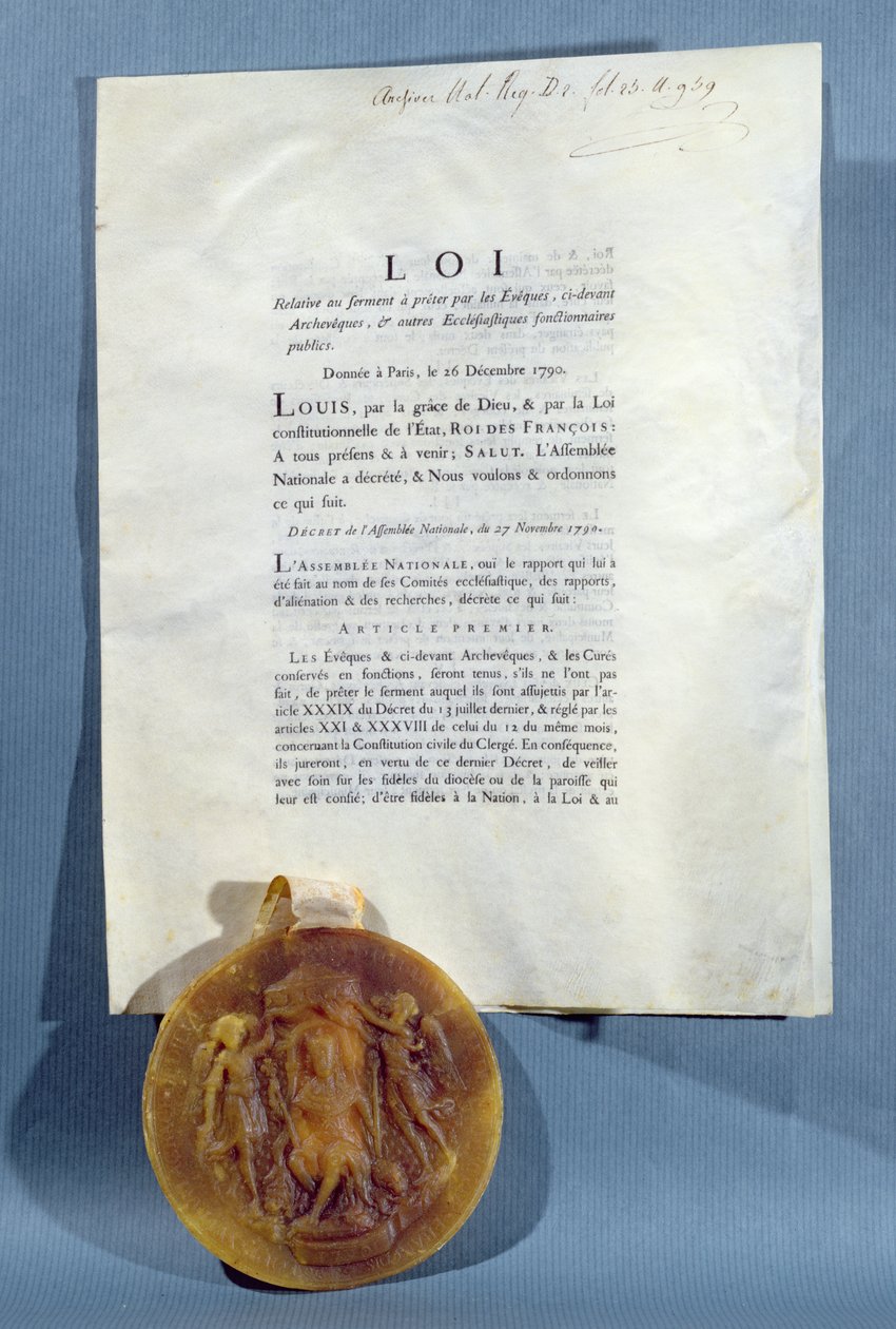 路易十六皇家法令确认法国主教和神父有义务宣誓效忠于1790年12月16日的神职人员（印刷纸和蜡封） 作者 法语学校