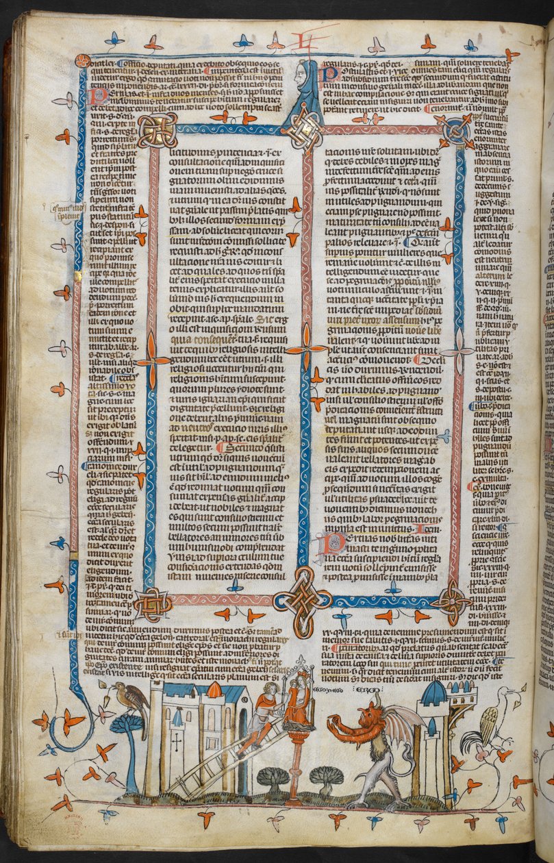 皇家 MS 10 E IV，f.209v，《画家与魔鬼》，出自格雷戈里九世法令，带有帕尔马伯纳德（“史密斯菲尔德法令”）的光泽，c.1300-40（牛皮纸） 作者 法语学校