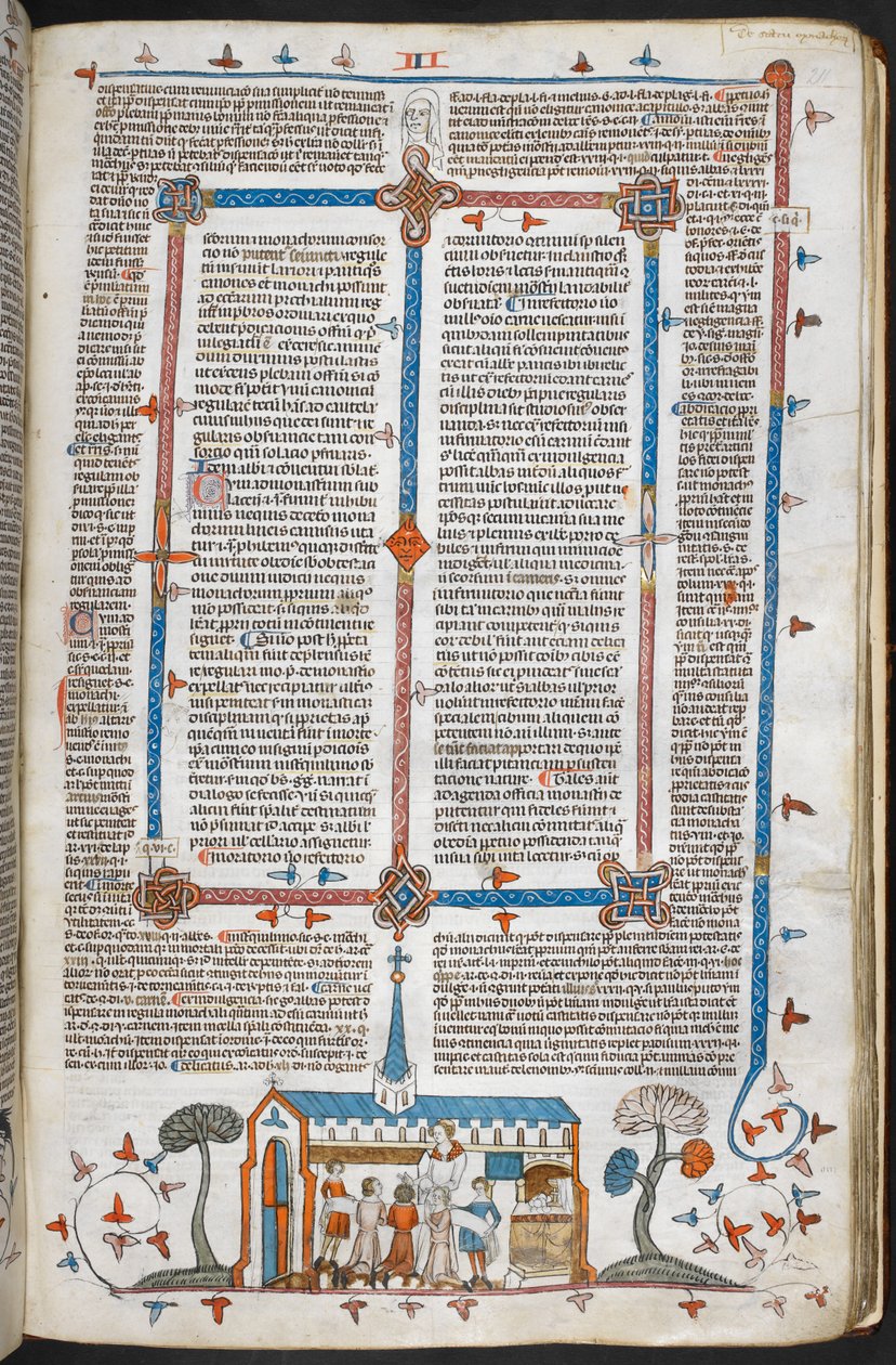 皇家 MS 10 E IV f.211r，基底页弥撒中的圣餐者场景，约 1300-40（羊皮纸上的钢笔、墨水和蛋彩画） 作者 法语学校
