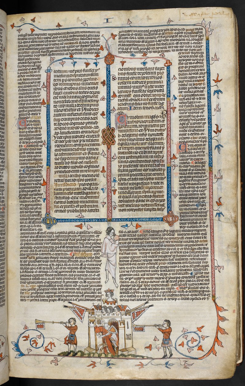 皇家 MS 10 E IV f.66r，约 1300 年至 1340 年的骑马骑士走出城堡的底页场景（羊皮纸上的钢笔、墨水和蛋彩画） 作者 法语学校