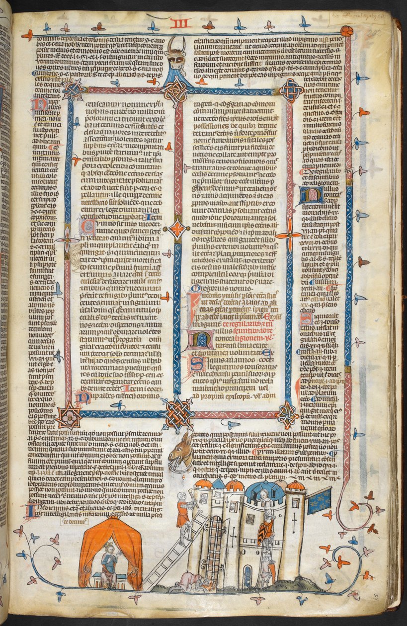 皇家 MS 10 iv f.202r 《攻击坚固城堡和边饰》，插图选自 "The Smithfield Decretals"（牛皮纸）。 作者 法语学校
