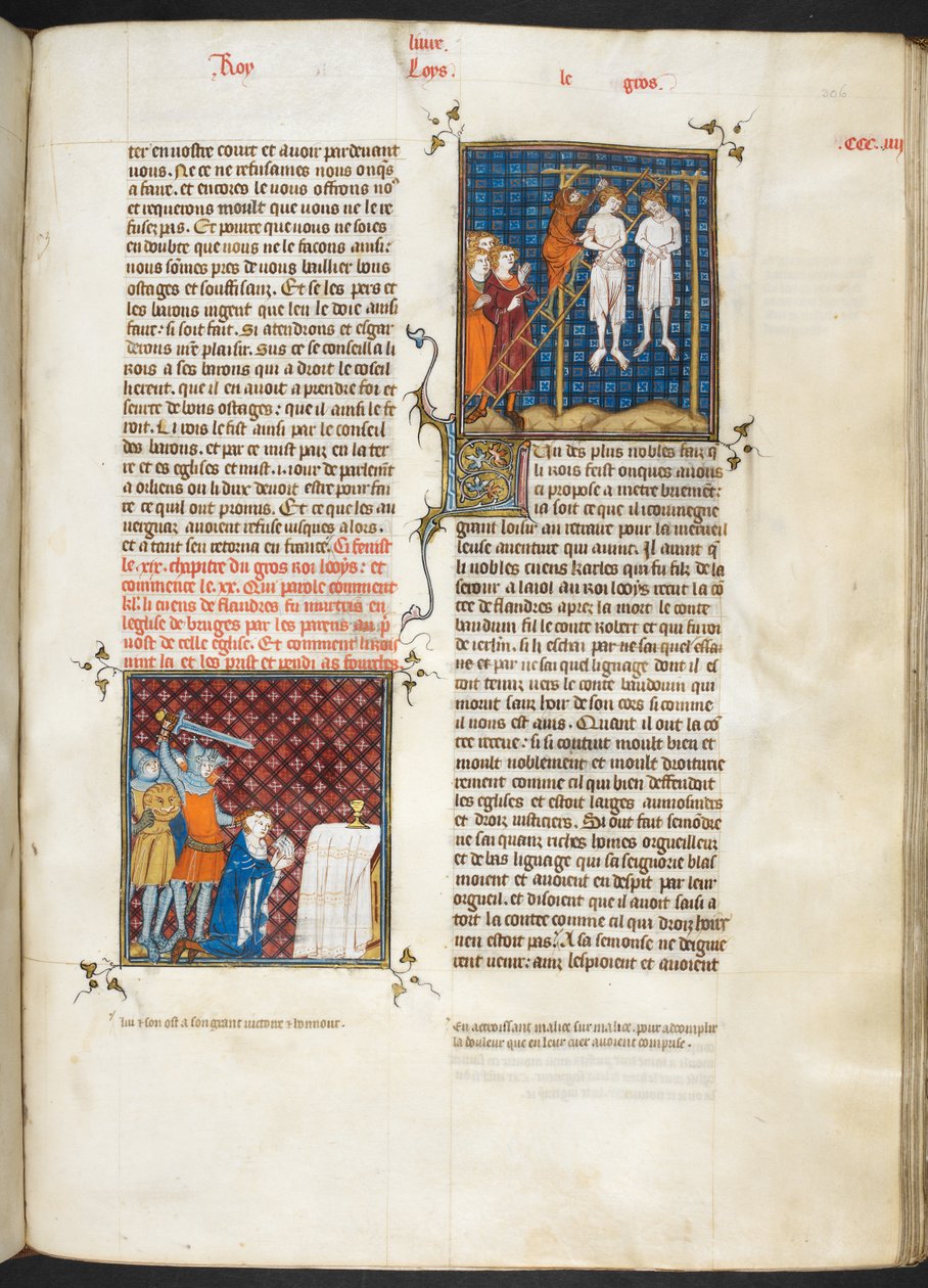 Royal MS 16 G. VI，f.306r，谋杀查尔斯，弗兰德斯伯爵被绞死（路易六世，第 20 册），来自法国大纪元 作者 法语学校