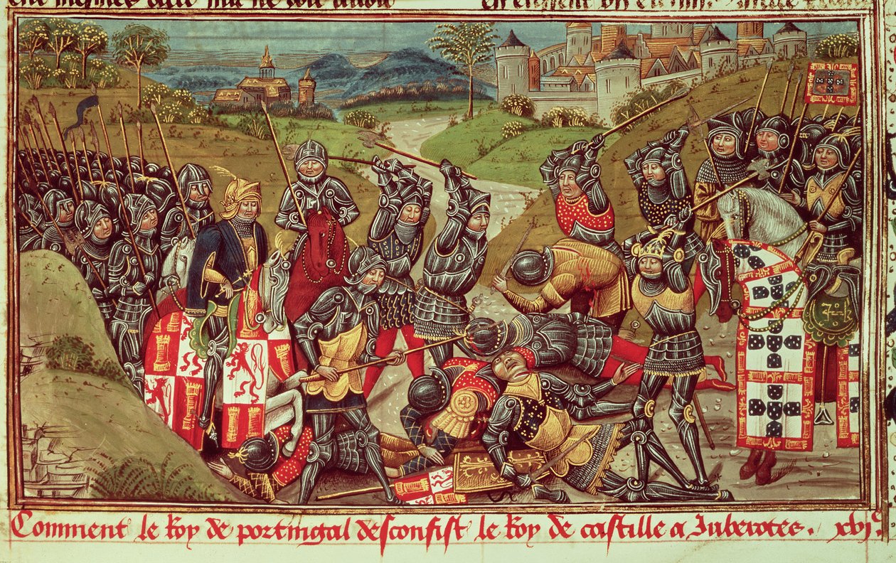 Royal Ms 14 E IV f.204：阿维斯的胡安一世在葡萄牙阿尔茹巴罗塔战役中击败卡斯蒂利亚的胡安一世 作者 法语学校