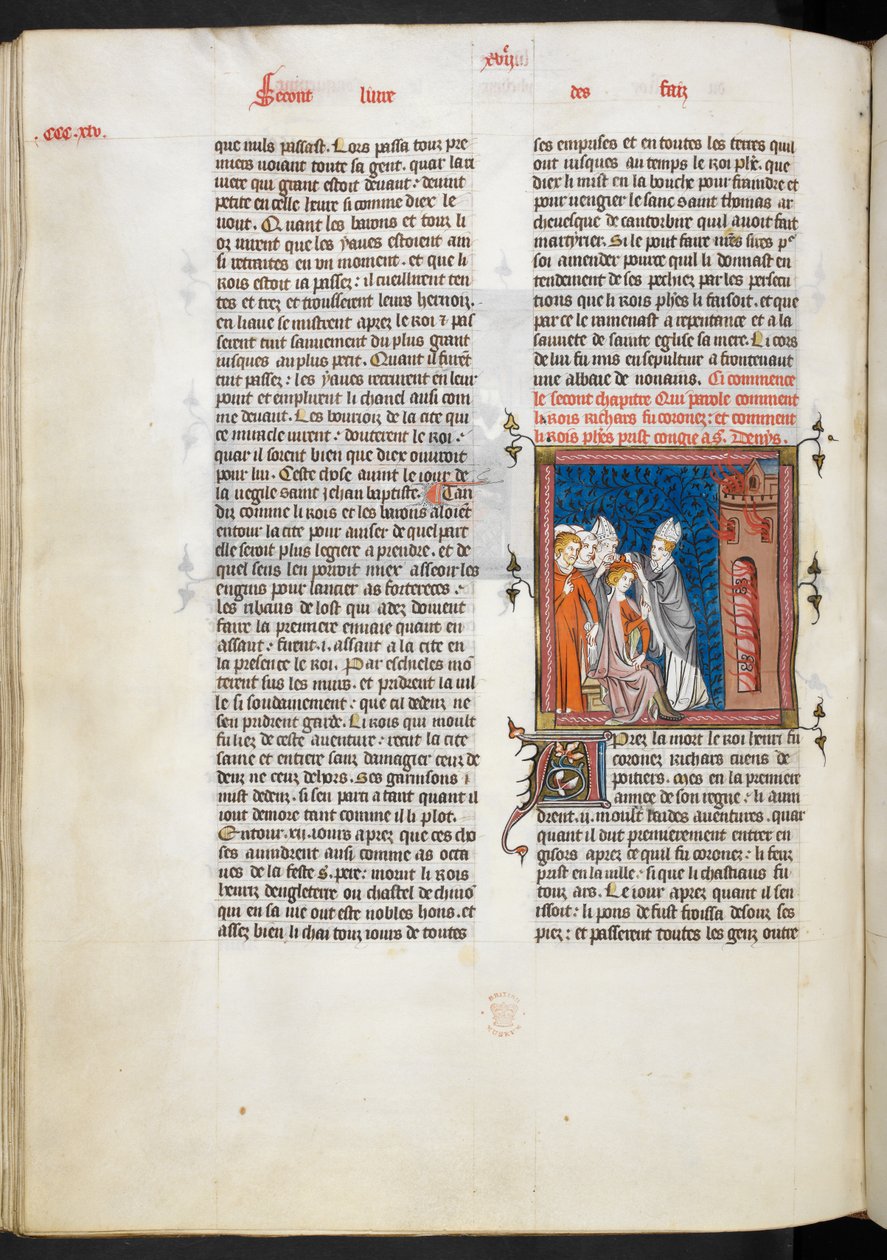 Royal Ms 16 g VI f.347v 《理查德一世国王加冕礼》，插图选自《Les Grandes chroniques de France》。 作者 法语学校