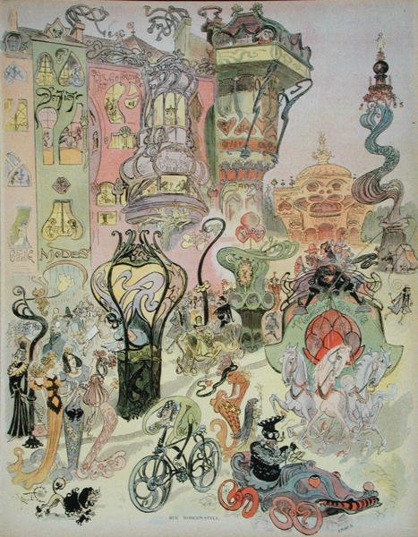 现代风格的街道，来自 "Au Temps Present "杂志，约1890-1900年（彩色平印）。 作者 法语学校