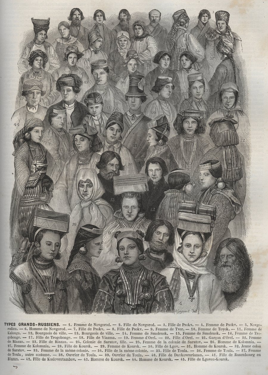 Russia - different types Great Russians - 1: wife of Novgorod - 2: daughter of Novgorod - 3: daughter of Psokv - 4: wife of Psokv - 5: Novgorodian - 6: man of Novgorod - 7: wife of Psokv - 8: daughter of Psokv - 9: wife of Tver - 10: wife of Toyok - 11: wi 作者 法语学校
