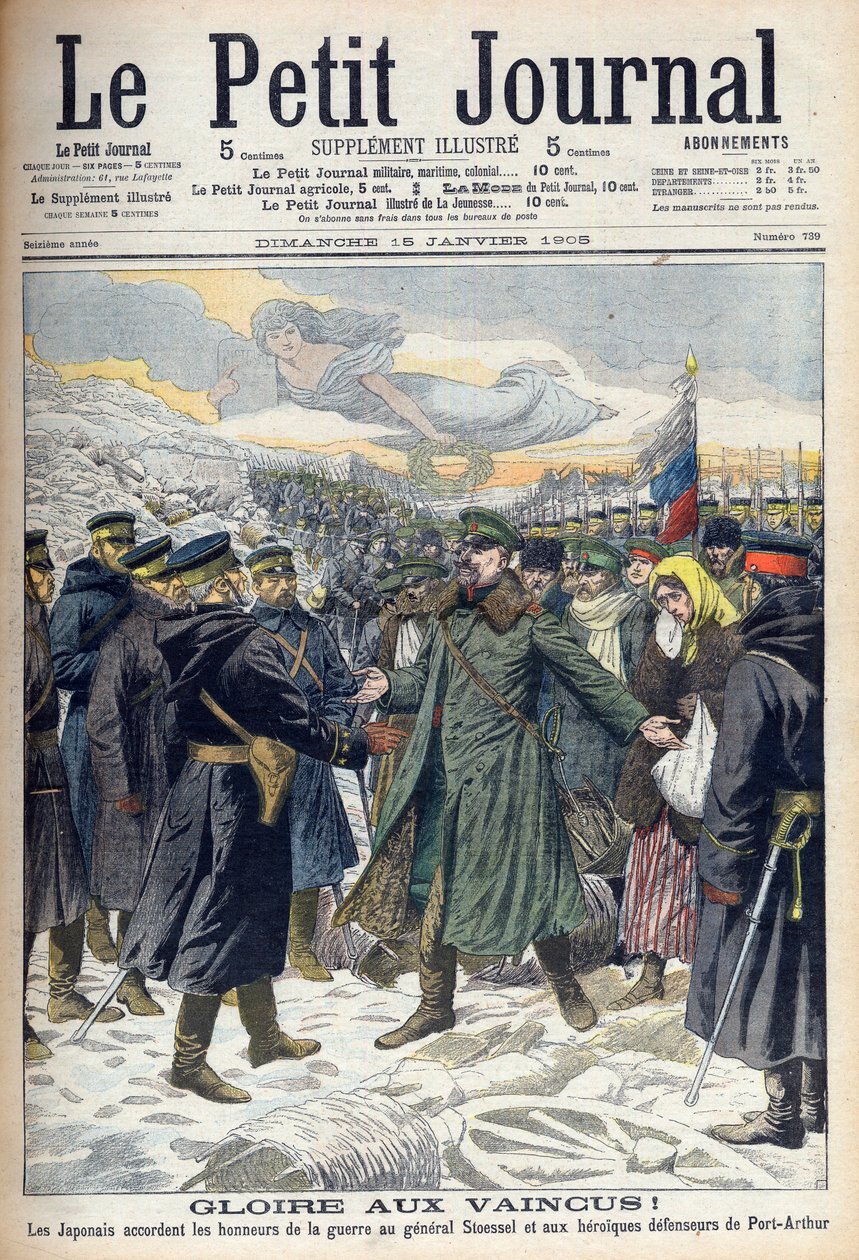 1904-1905年俄日战争。日本人允许斯托伊塞尔将军和亚瑟港的俄国守军光荣投降。摘自《小报》，巴黎 作者 法语学校