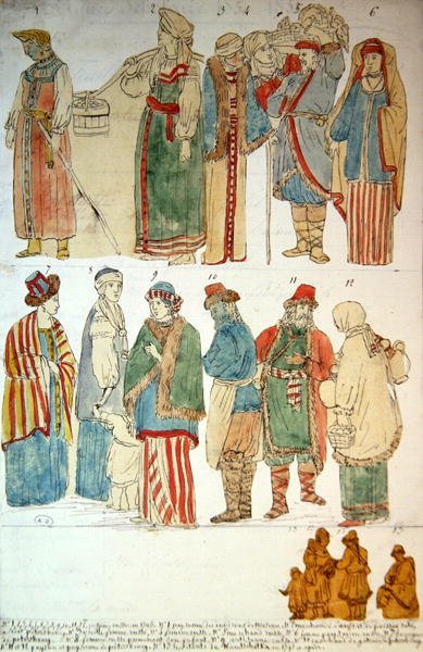 俄罗斯服装，约1792年（纸上水彩）。 作者 法语学校