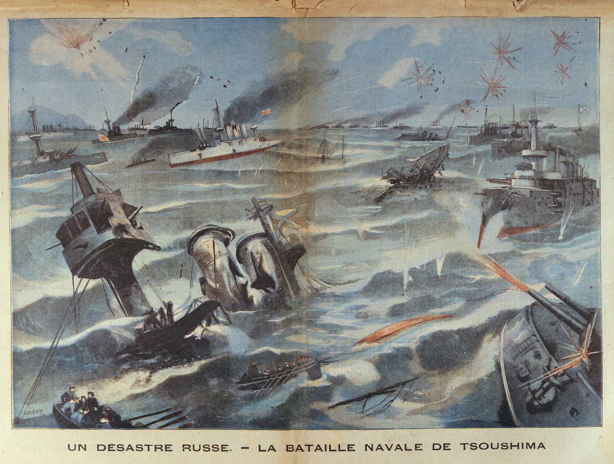 1905年对马战役期间的俄罗斯海军灾难，来自Le Petit Parisien的插图，1906年7月2日 作者 法语学校