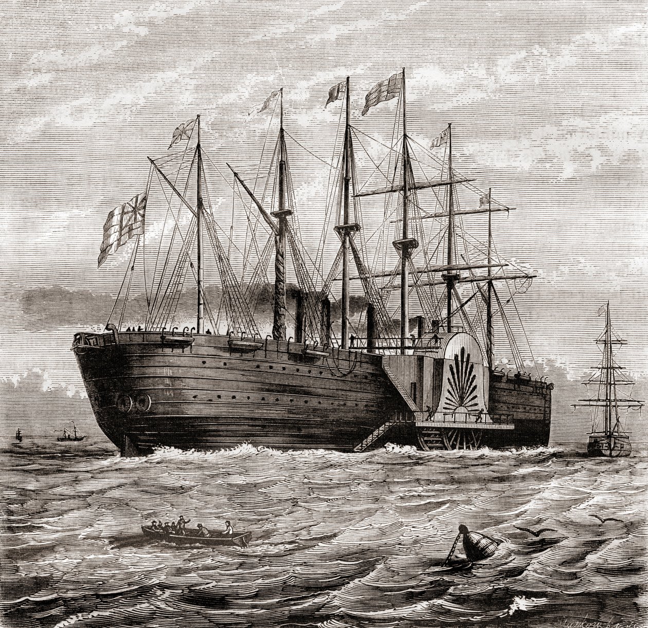 SS Great Eastern，由 Isambard Kingdom Brunel 设计的铁制帆船蒸汽船，来自 Les Merveilles de la Science，出版于 1870 年（雕刻） 作者 法语学校