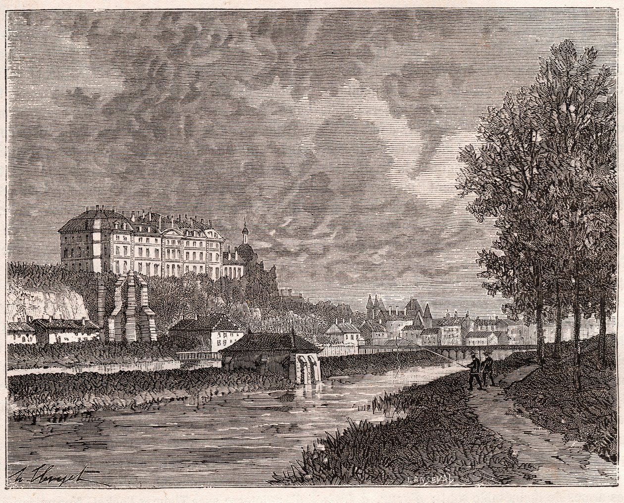 Sable-sur-Sarthe (Sable sur Sarthe) - 雕刻在 V.A. 麦芽棕色。 1884年 作者 法语学校