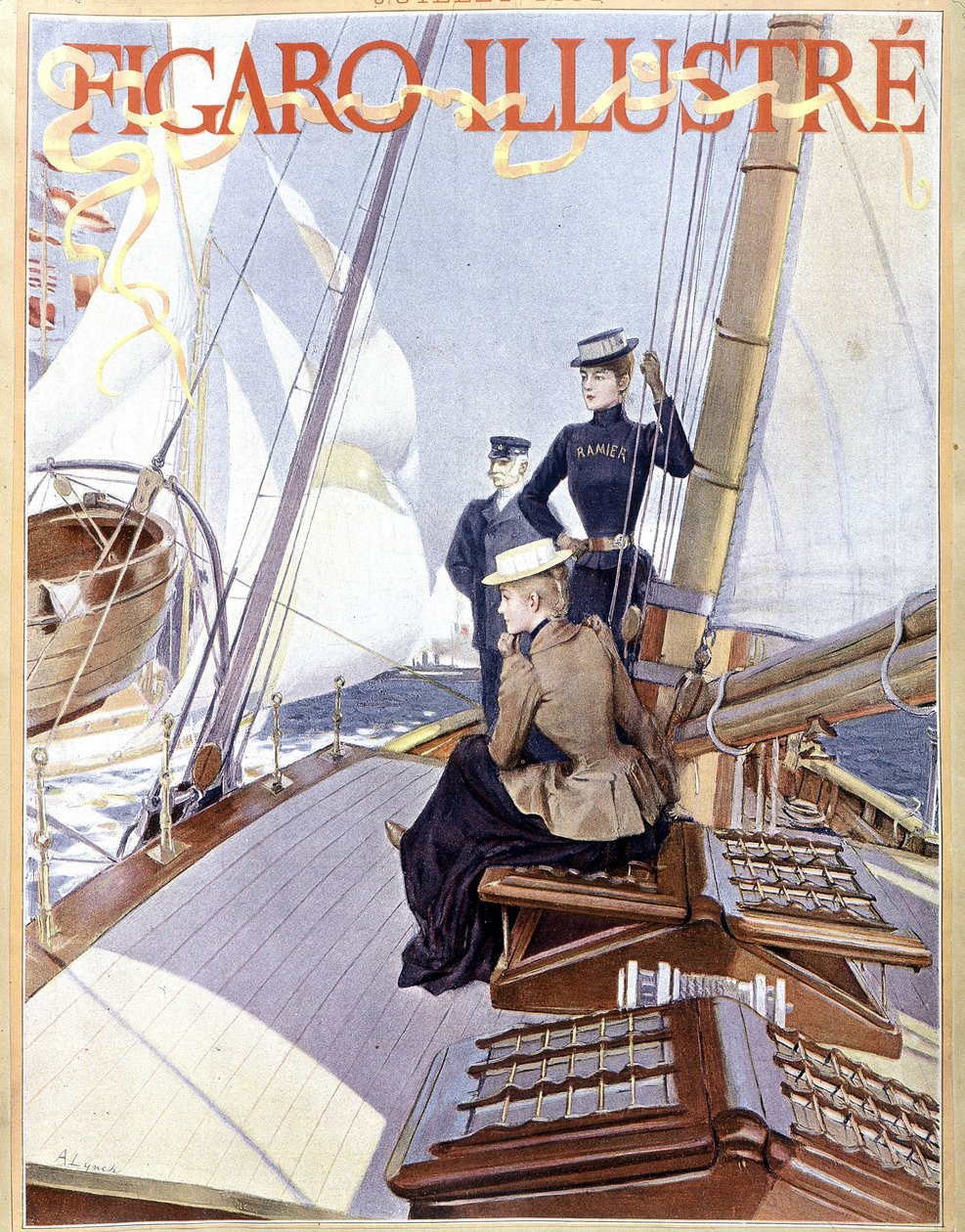 帆船：船甲板上的妇女——画于 1891 年的“费加罗插图”，装饰艺术。 作者 法语学校