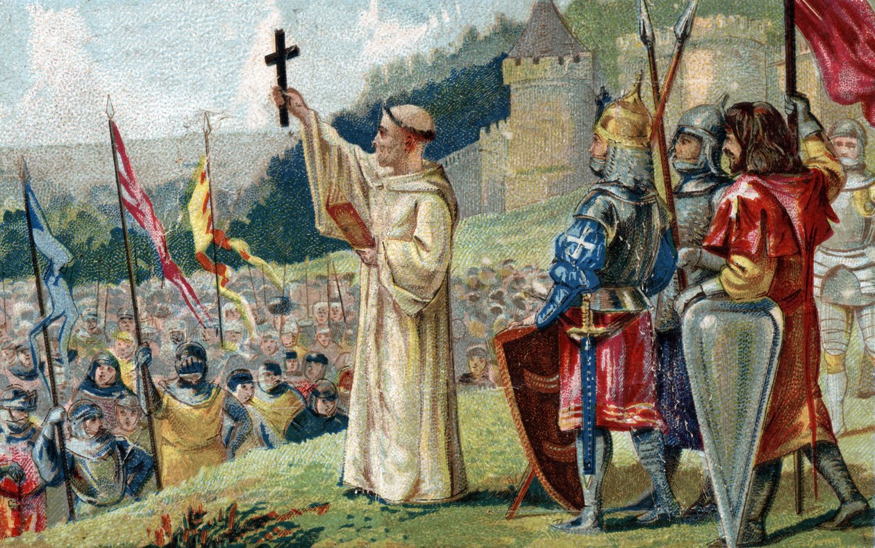 克莱尔沃的圣伯纳德（San Bernardo di Chiaravalle）于1146年3月31日在勃艮第的维泽雷，在阿基坦的国王路易七世和王后艾莉诺以及苏格神父面前宣讲第二次十字军东征。(圣伯纳在韦兹宣讲第二次十字军东征 作者 法语学校