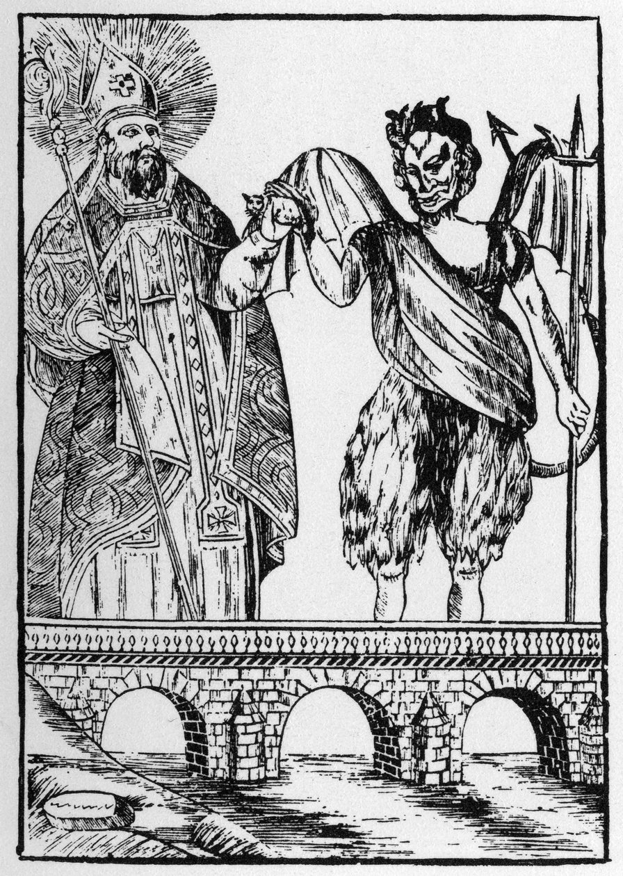 Saint Cado (or Cadoc or Catuod or Catoc or Cazut or Cadochus) legendary saint Christian gives a cat to the devil in exchange for building a bridge - popular images Perret 作者 法语学校