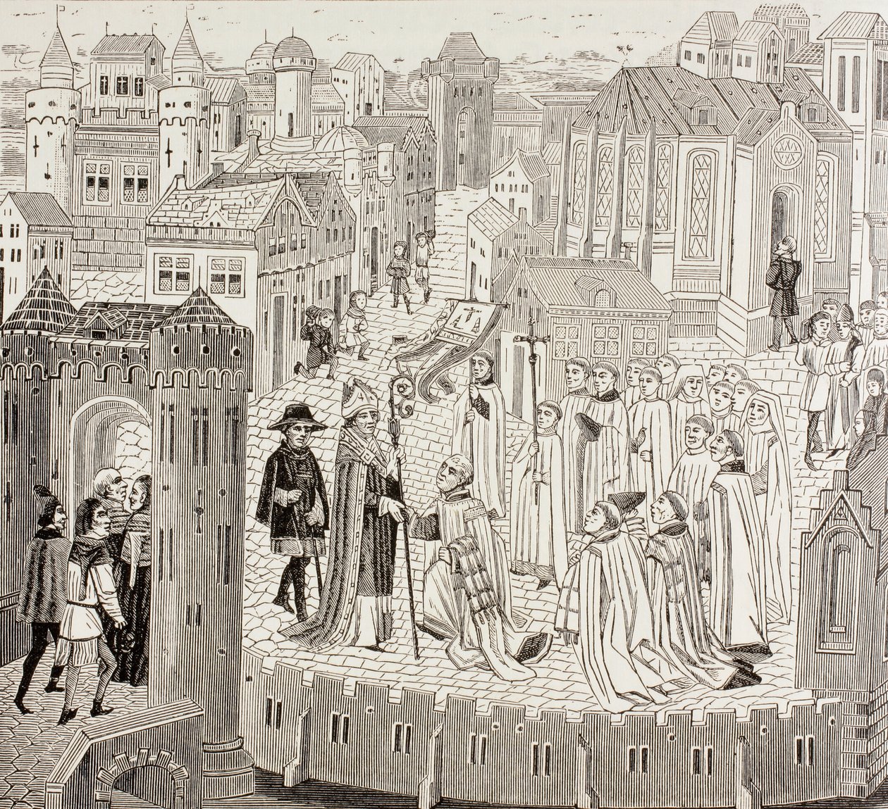 康布拉主教圣格拉杰里克斯（Saint Gaugericus）从保守拉克鲁瓦（Paul Lacroix）的“中世纪军事和宗教生活”中抵达该市接受任命，出版于伦敦1880年 作者 法语学校