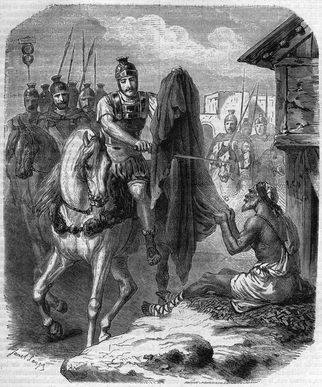 Saint Martin de Tours (Saint-Martin-de-Tours, v. 316-397) making two pieces of his coat to give it to a poor man. Engraving in “Histoire des Papes-Rois-Queen and Empereurs a travers les centuries”” by Maurice Lachatre 作者 法语学校