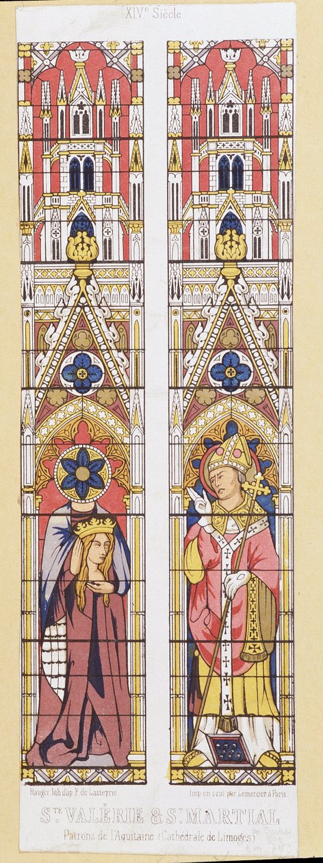 圣瓦莱丽 (Saint Valerie)，利摩日 (Limoges) 的处女和烈士 (3 世纪) 和圣马夏尔 (Saint Martial)，利摩日 (Limoges) 伯爵 (3 世纪)，阿基坦 (Aquitaine) 的守护者。 Fac 比喻复制利摩日大教堂的彩色玻璃窗。 作者 法语学校