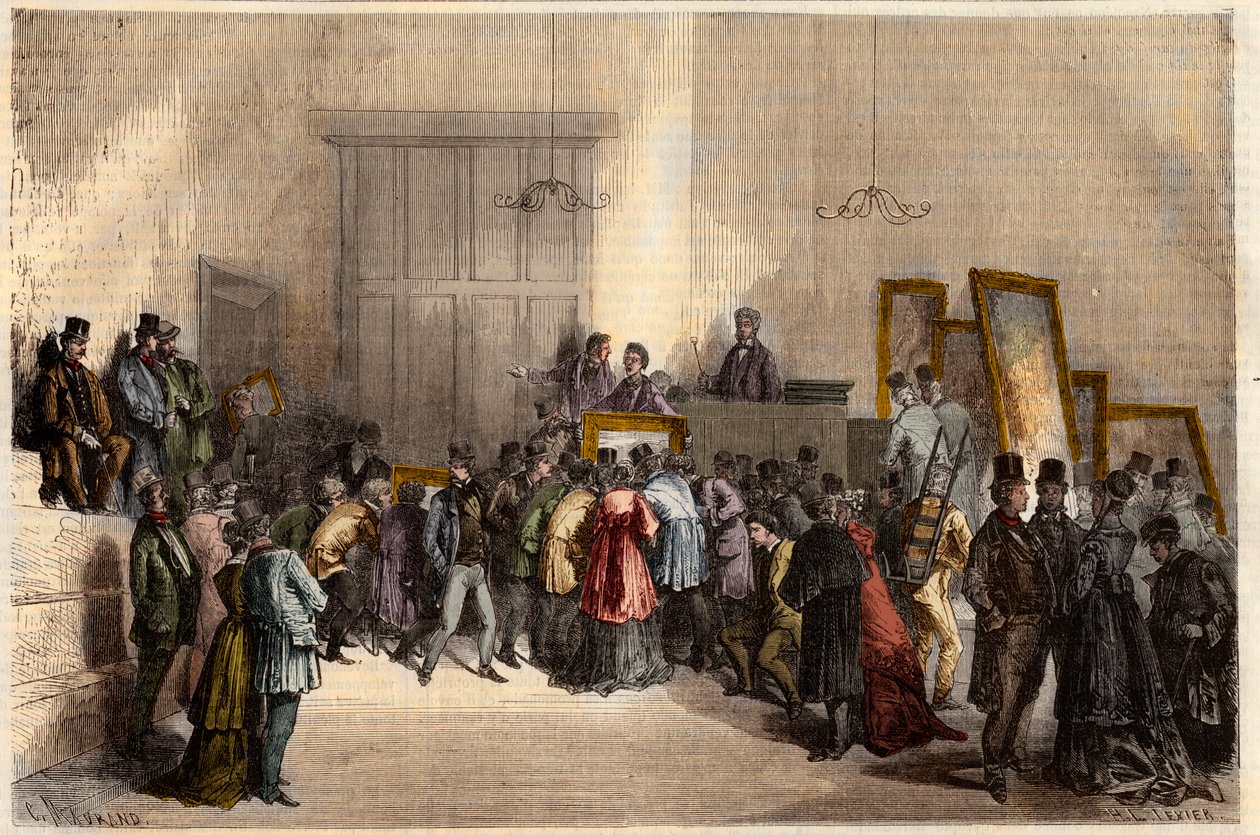 1868年在巴黎的拍卖行酒店进行的绘画拍卖。在 "杰出的世界 "中的雕刻品 作者 法语学校