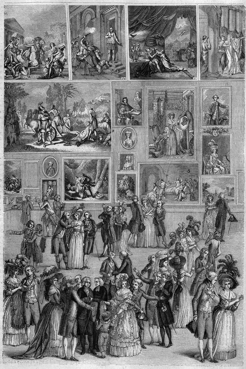 1787年的沙龙：巴黎画展期间卢浮宫的沙龙卡雷的景色。马蒂尼在 "图画商店 "中的雕刻作品 作者 法语学校