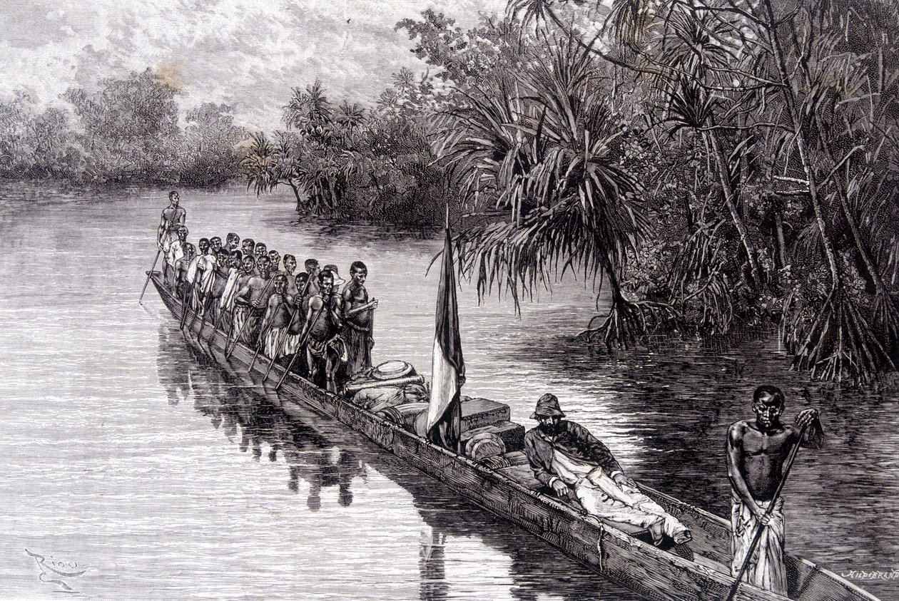 布拉扎的萨沃格南在西非露兜树上划独木舟 - 在“世界之旅”中，1887 年第 2 周 作者 法语学校