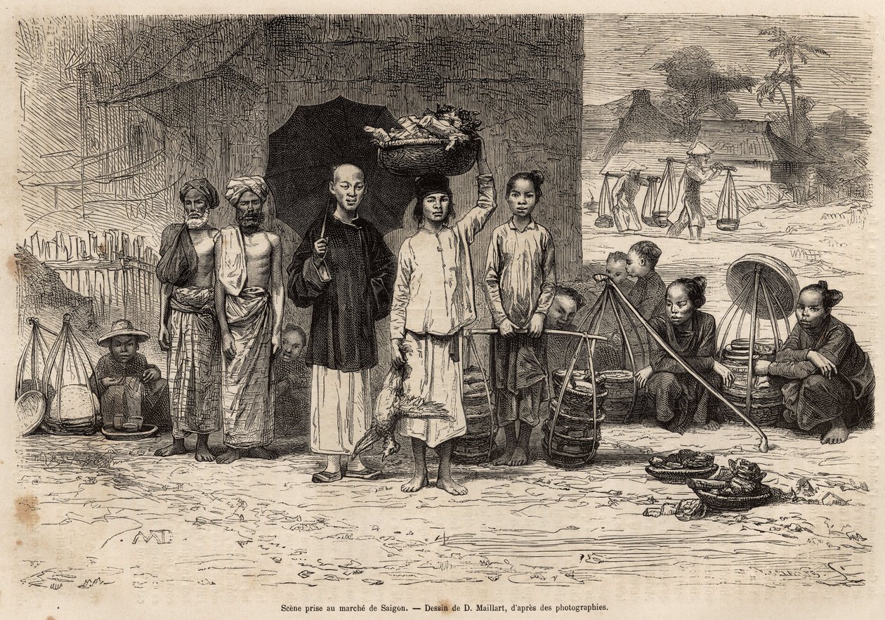 Scene du Marche de Saigon，根据 D.Maillard 的一幅画雕刻，描绘了 Morice 博士于 1872 年绘制的 Cochinchine 航行，发表于 1875 年的“Le tour du monde”，由 Edouard Charton 编辑，巴黎 Hachette 版。 塞尔瓦收藏。 作者 法语学校