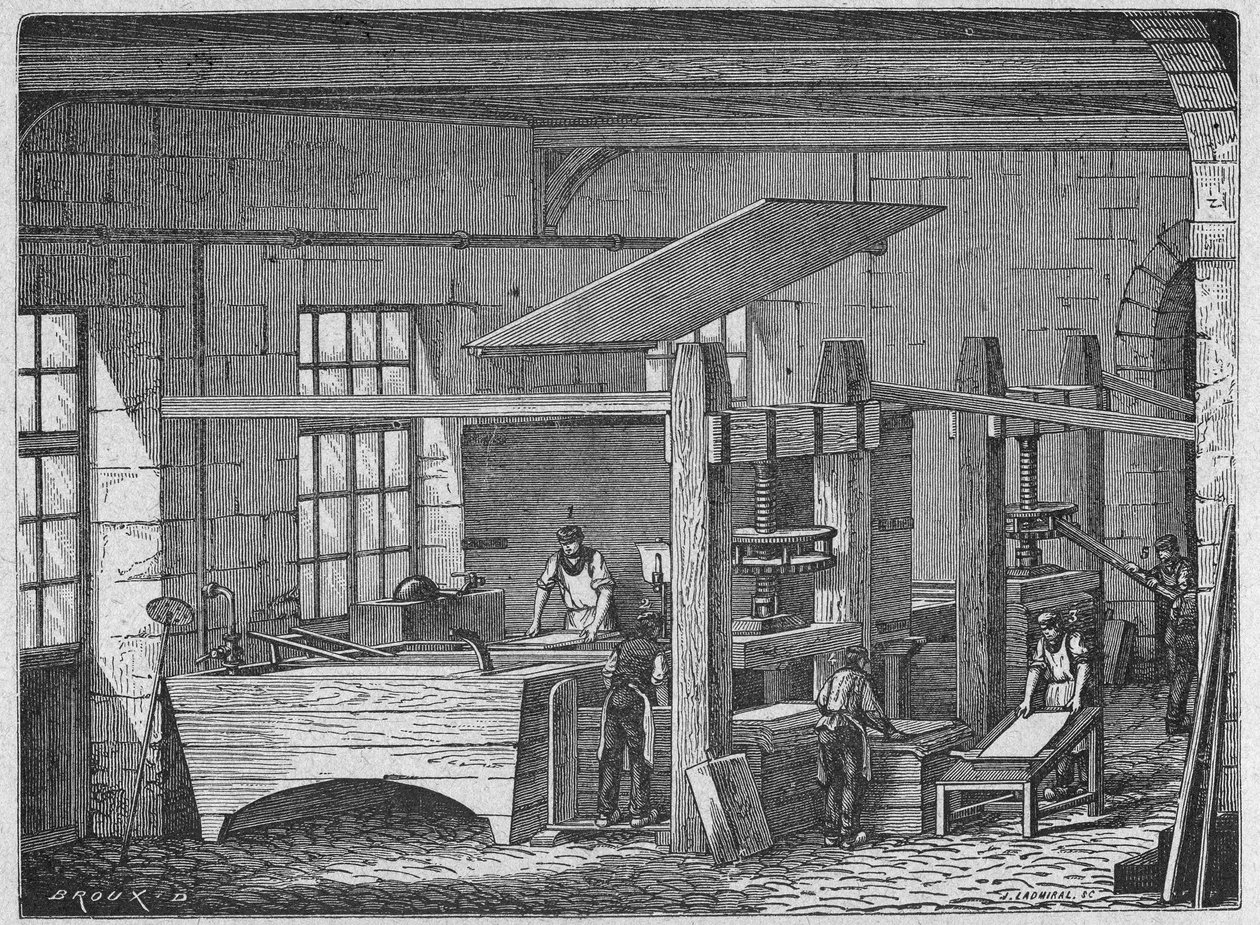 科学。 造纸。 手工纸。 雕刻地点：伟大人物和工业的伟大成就，法国，c.1880（雕刻） 作者 法语学校