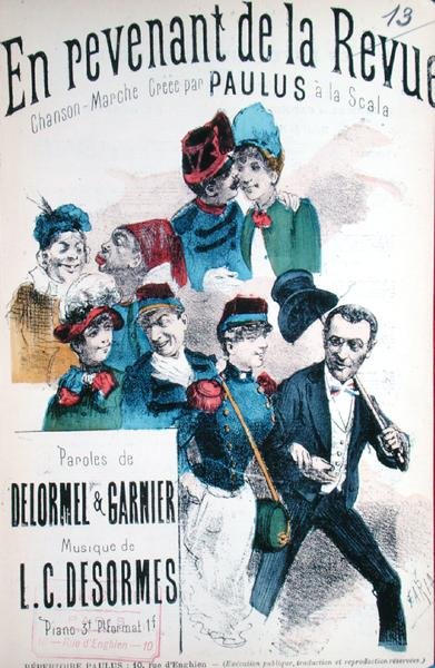歌曲 "En Revenant de la Revue "的乐谱，由保卢斯（1845-1908）在斯卡拉创作，L.C. Desormes的音乐，Delormel和Garnier的文字，约1890年（彩色雕刻）。 作者 法语学校