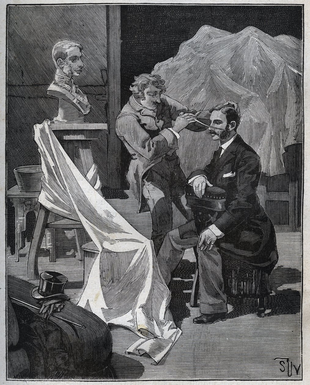 Sculpture, workshop of a sculptor, focus and sculpture of a bust. Engraving from 1880 in “” Les arts et metiers illustres”” by Adolphe BITARD. 作者 法语学校