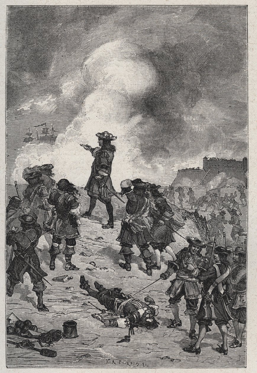 塞巴斯蒂安-普雷斯特-沃邦（Sebastian the Prestre seigneur of Vauban）（1633-1717），1695年，法国海军司令在布雷斯特抵御英国舰队的攻击--路易-大仲马1889年的 "法国名人 "中的雕版画。 作者 法语学校