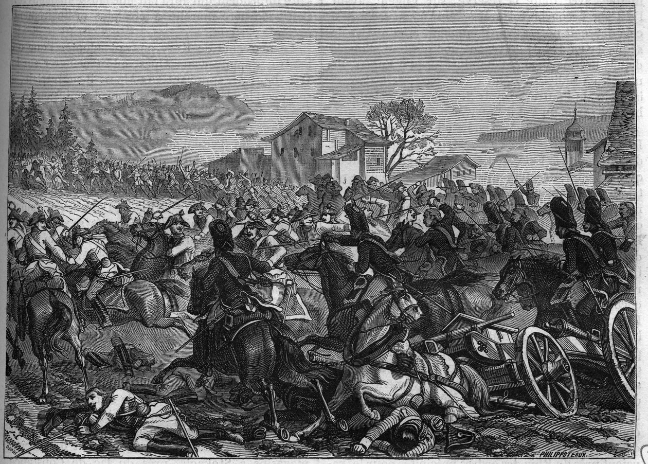 第二次联盟（1798-1800）。1800年5月3日法奥对峙的斯托卡赫战役--1865年路易-阿道夫-梯也尔的《领事馆和帝国史》中的版画--第二次联盟战争（1798-1800）：斯托卡赫和恩根战役打响 作者 法语学校