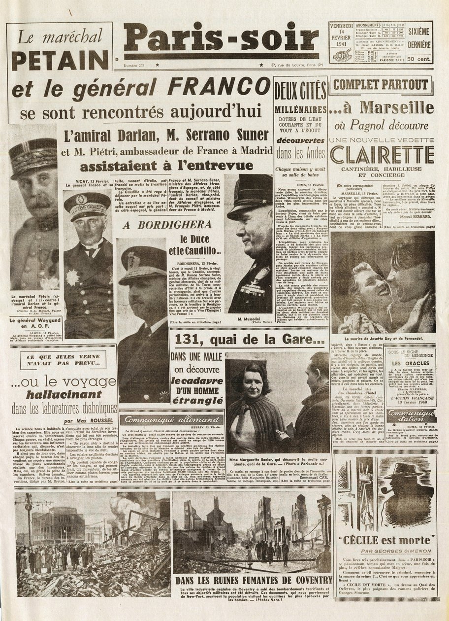 第二次世界大战（1939-1945） - 第二次世界大战（WWII或WW2）。1941年2月14日《巴黎消息报》[第237期]--LE MARECHAL PETAIN和FRANCO将军之间的会谈--。 作者 法语学校