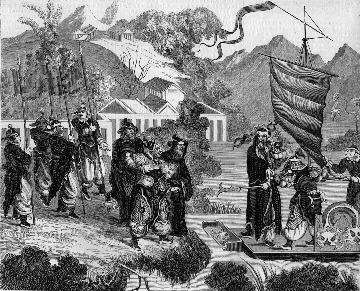 Second opium war between France and England and China (1858-1860): Chinese caricature of the conflict. A boat is ready to approach the coast under the mocking gaze of a group of Chinese. On board the boat, two characters representing France (left) and Engl 作者 法语学校