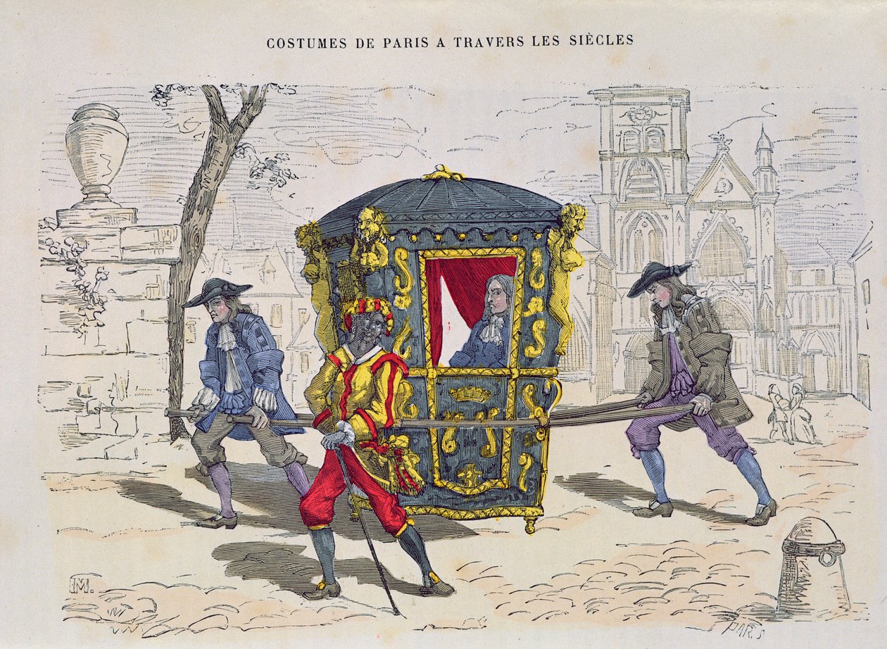 十六世纪的轿车椅，1887年出版的Travers les Siecles服饰（彩色版画） 作者 法语学校