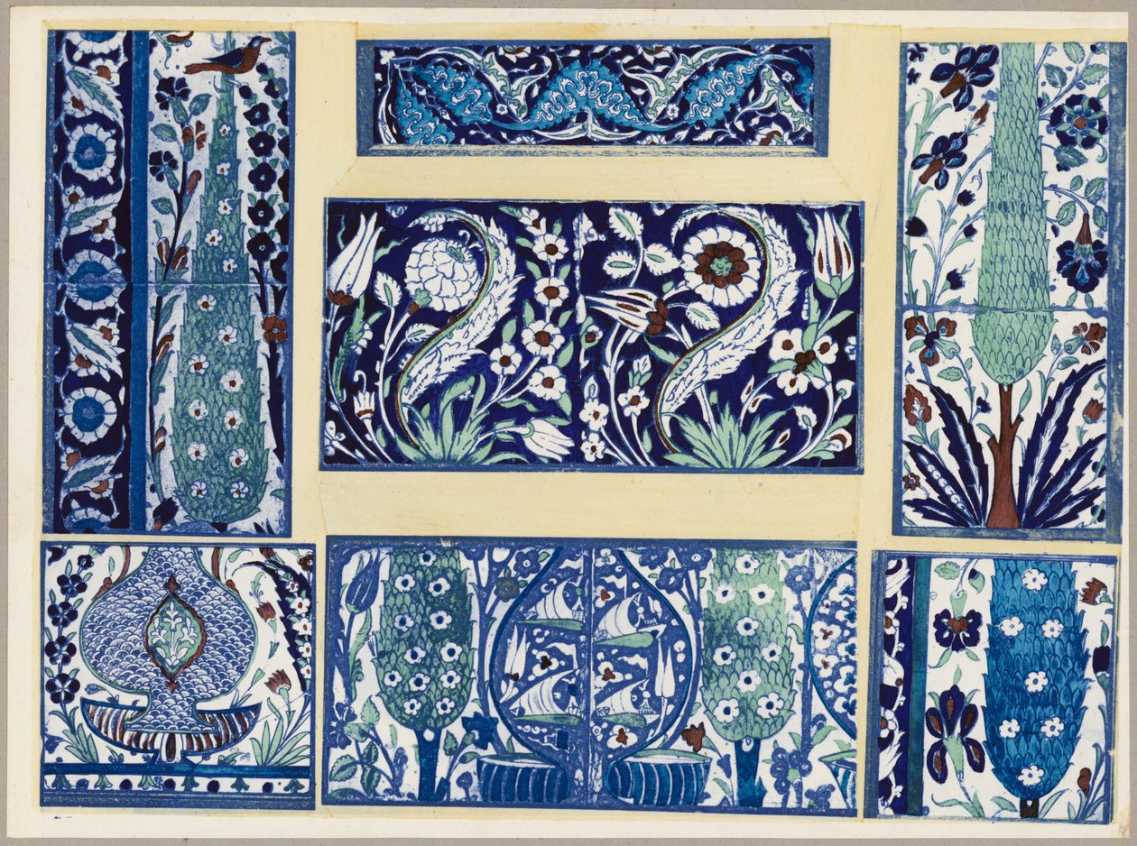 七种陶器图案，大马士革，16 和 17 世纪（彩色石版画） 作者 法语学校