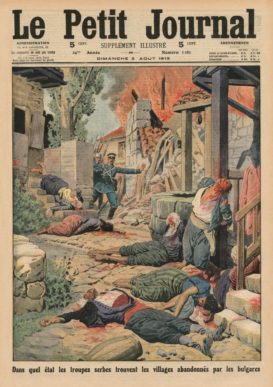 塞尔维亚军队抵达被Bulgars遗弃的村庄，封面插图来自&39;Le Petit Journal&39;，补充说明，1913年8月3日 作者 法语学校