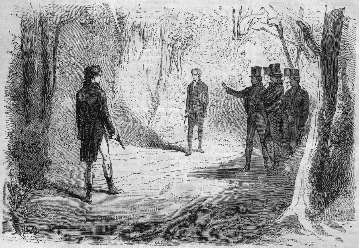 Serie novel: “” Rich and Poor”” by Emile Souvestre (1806-1854). The duel of Boissard and Larry. Engraving in “” Les bons romances”” 作者 法语学校