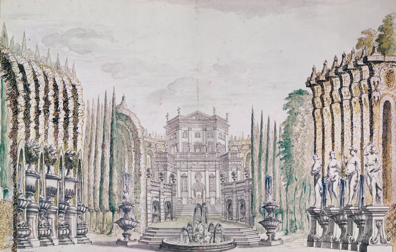 为剧院设置宫殿设计，c.1660-80（笔和墨水在纸上） 作者 法语学校