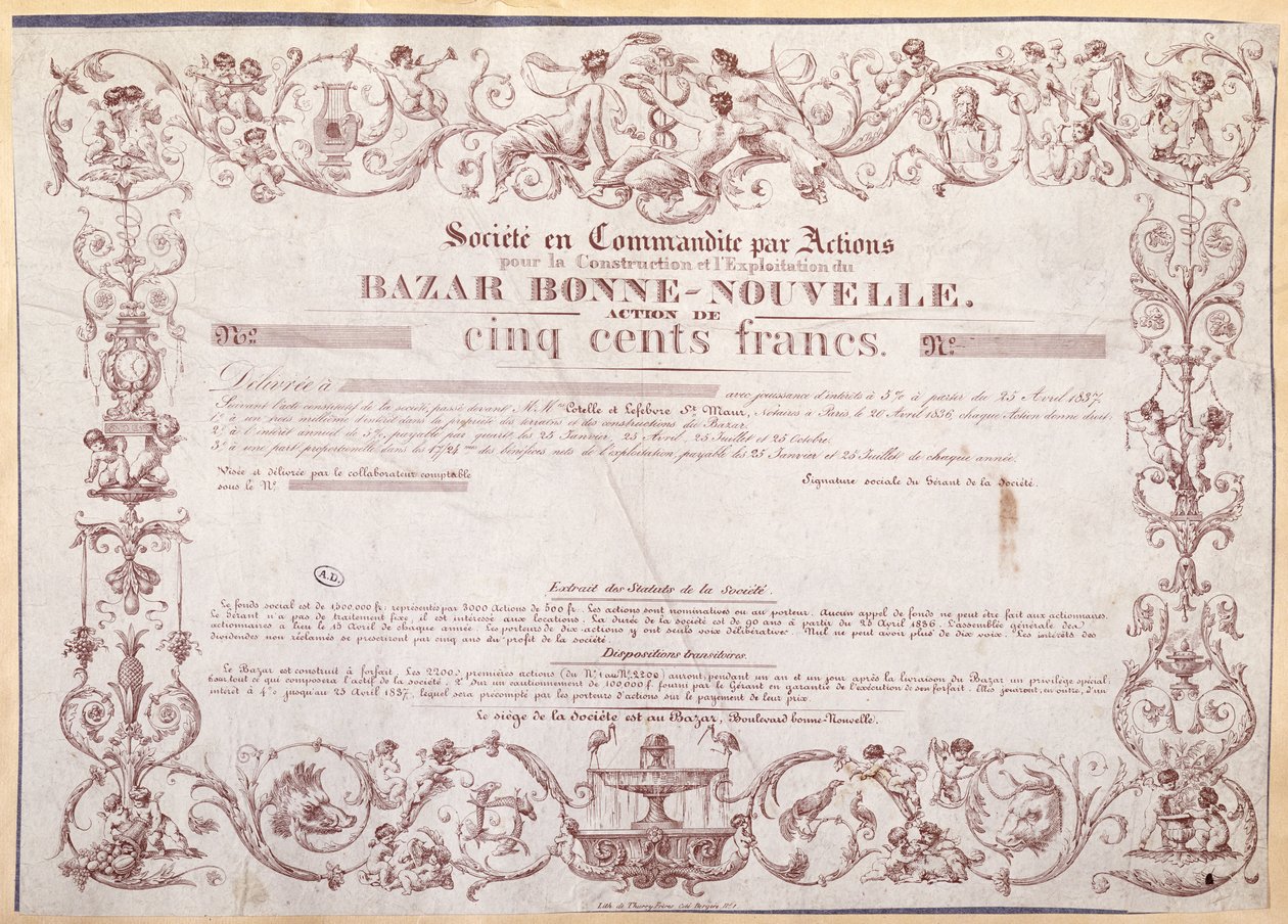 分享1836年Bonne-Nouvelle Bazaar的500法郎证书 作者 法语学校