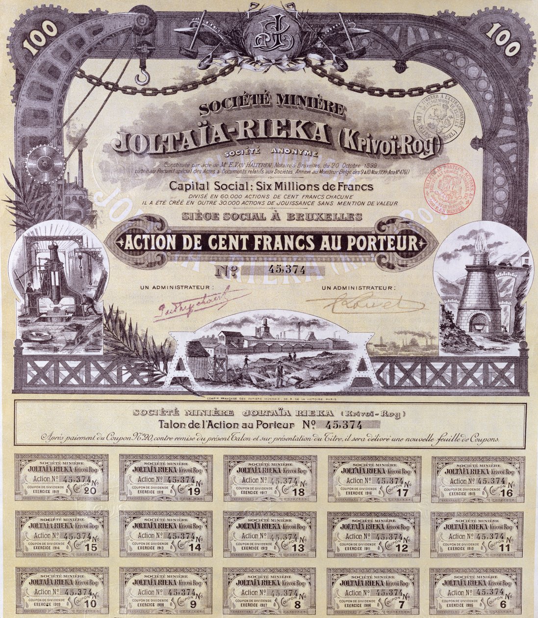 1899年，法国 - 俄罗斯Joltaia-Rieka矿业公司共享100法郎的证书 作者 法语学校