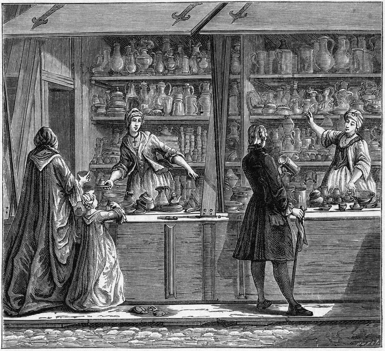 Shop of a tin potter in the 18th century. Engraving In “La Marine et les colonies: commerce” 作者 法语学校