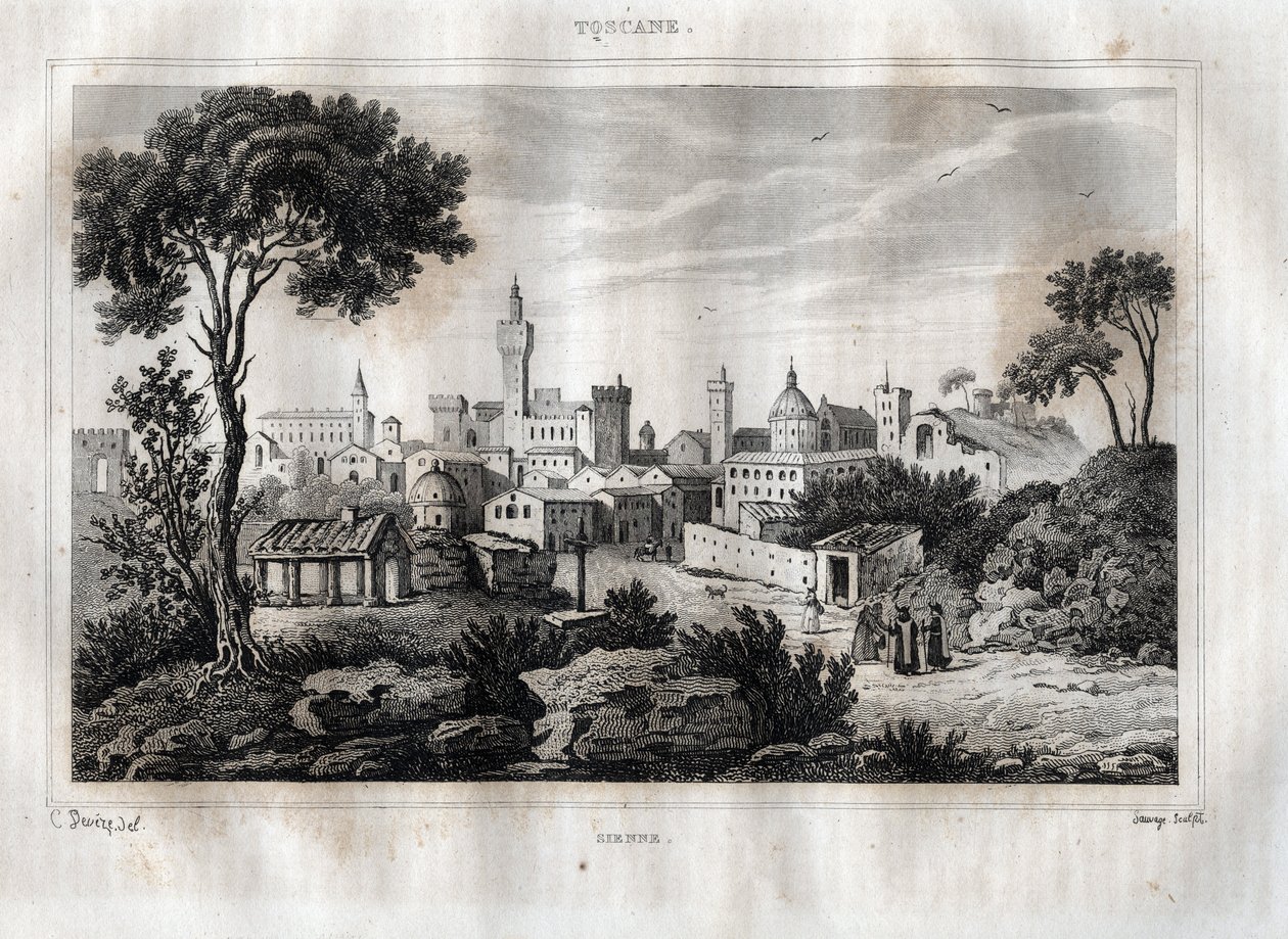 锡耶纳--锡耶纳--托斯卡纳--托斯卡纳--来自M. de Norvins, Ch. Nodier 1834-1836的 "意大利风景画 "的版画。 作者 法语学校