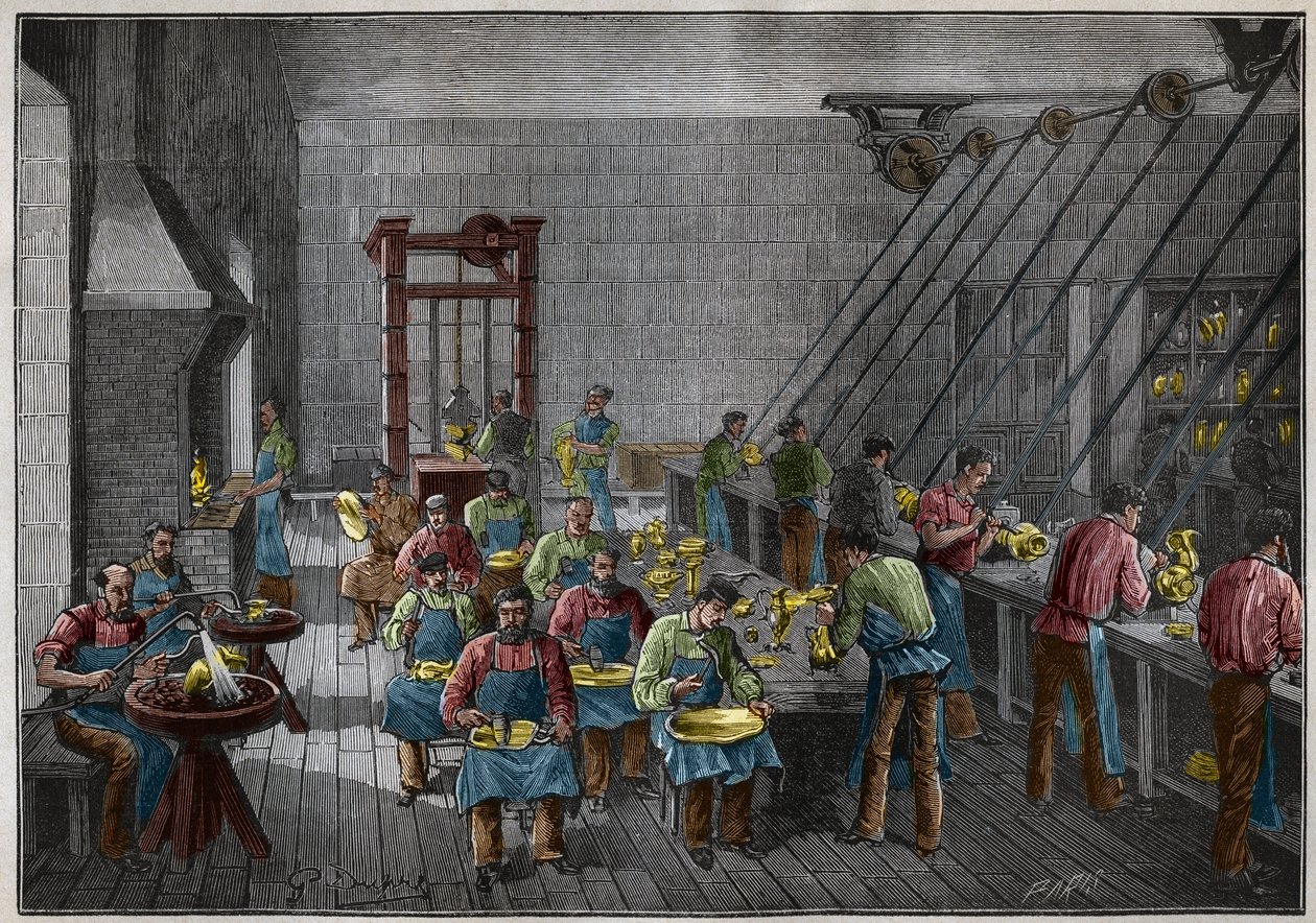 19世纪法国的银器作坊。雕刻于1885年的 "Les arts et metiers illustrstres"，作者是Adolphe BITARD。 作者 法语学校