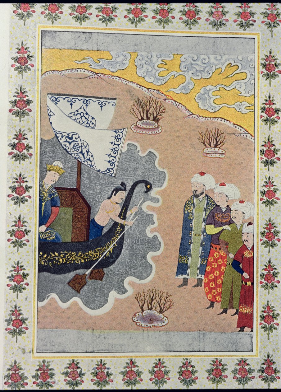 Sinbad开始，1895年阿拉伯之夜的水手辛巴达的插图（彩色雕刻） 作者 法语学校