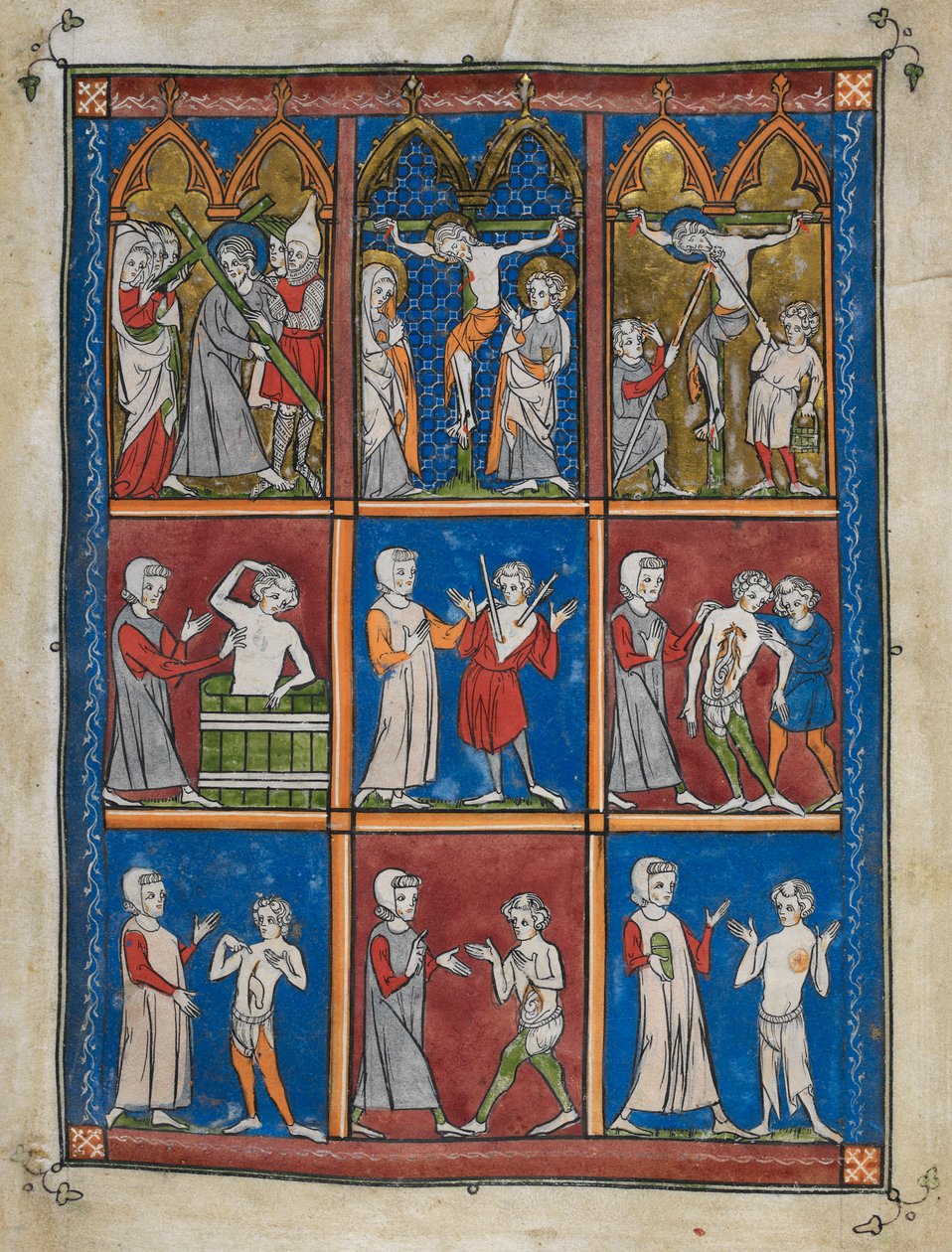 Sloane 1977,f.7 The Chirurgia：九幅微型画展示了圣经和医学场景。上图为背负十字架的基督；髑髅地的马利亚和圣约翰；被醋浇灌并被长矛刺穿的基督。中间和下方，医生为病人治疗各种疾病。 作者 法语学校
