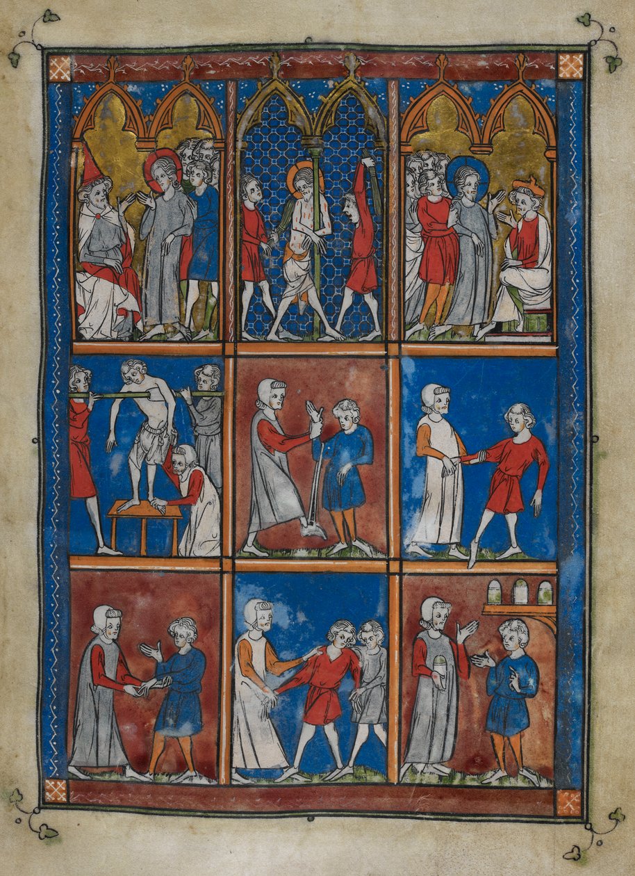 Sloane MS 1977 fol.6r 九幅微型画展示了圣经和医学场景。上图为基督在该亚法和彼拉多面前；鞭刑。中间和下方，医生治疗骨折和其他疾病的病人 作者 法语学校