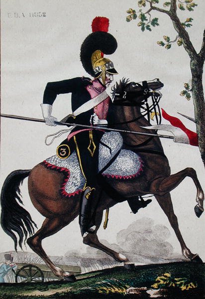 帝国时期的法国家庭骑兵士兵（彩色平版印刷）。 作者 法语学校