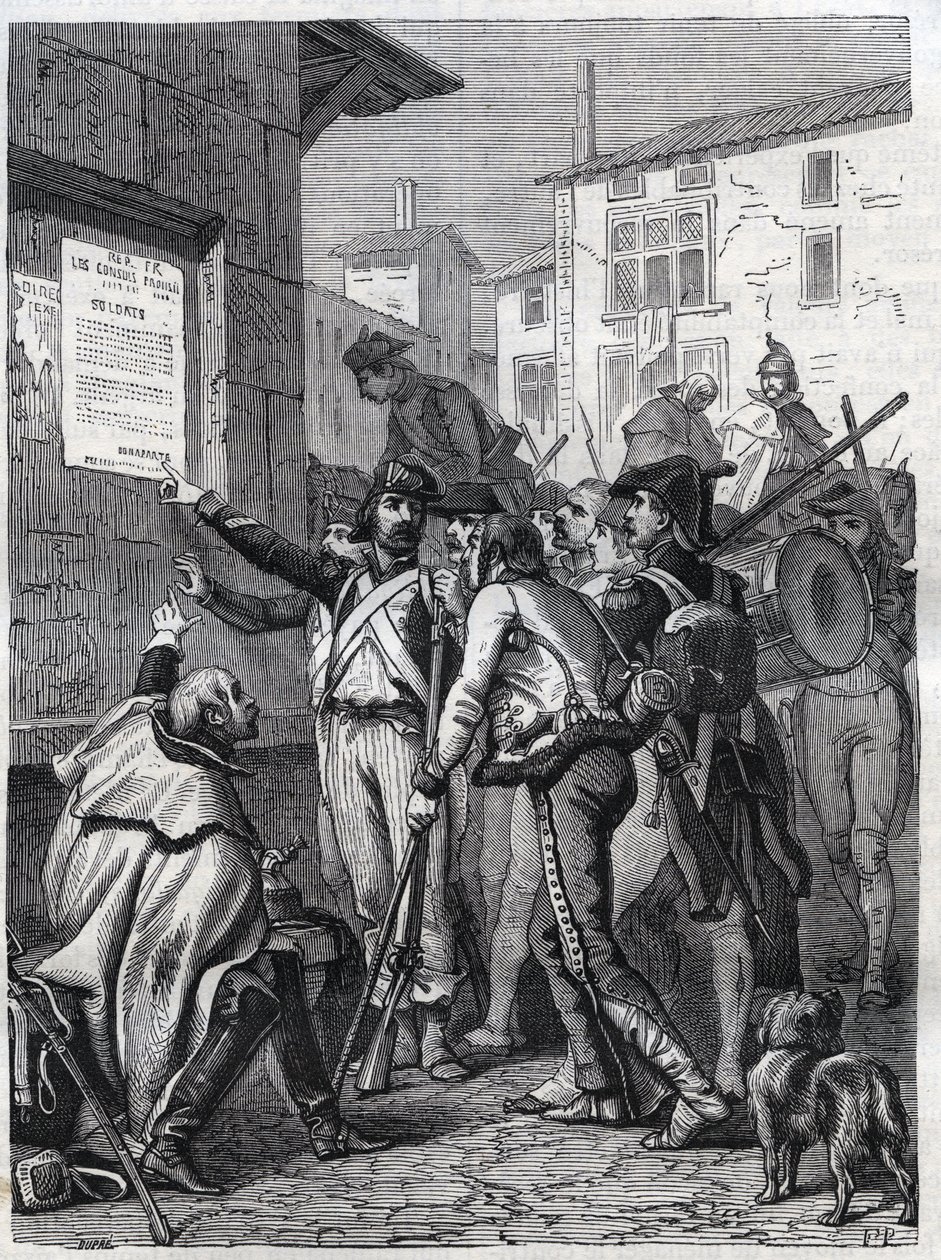 Soldiers, your needs are great: French soldiers reading the proclamation of General Bonaparte in November 1799 - Engraving of 1865 in “Histoire du Consulate et de l
