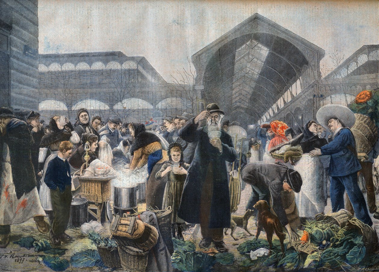 早晨在Les Halles市场的汤摊，来自《小报》的插图，1897年3月2日--巴黎的la soup aux Halles le matin--Fortune-Louis Meaulle根据Jean Jacques Rousseau（1861-1911）的作品雕刻的。 作者 法语学校