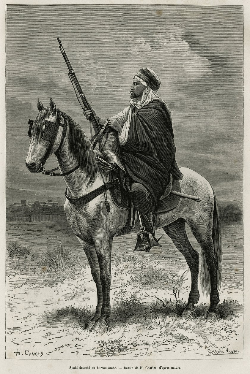 Spahi, efficient rider and dread contributing to the conquest of Algeria, at the service of France, detaches at the Arab office, engraving after a drawing by H.Charles, to illustrate the story Tebessa and its monuments (Algeria), by A. Heron de Villefosse, 作者 法语学校