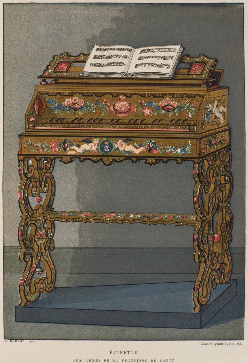 Spinet与Conti公主的徽章，插图来自Dictionnaire de lameublement et de la decoration by Henry Havard，第2卷，第26页，巴黎，Maison Quantin，1878（彩色光刻） 作者 法语学校